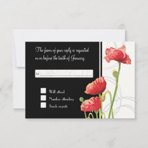 Modern Watercolor Red Poppy Poppies Swirls Black RSVP Card