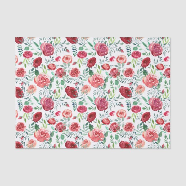 Modern Watercolor Red Roses Patterned Tissue Paper (Front)