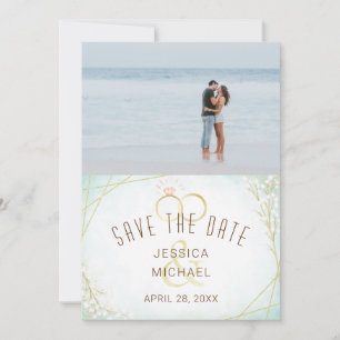 Modern Watercolor Rings Twig Bloom Geometric Photo Save The Date