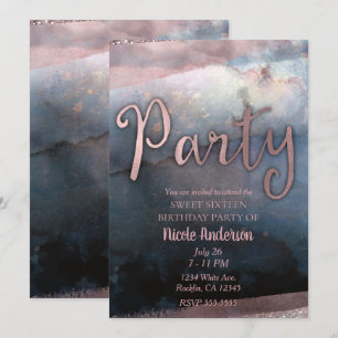 Modern Watercolor Rose Gold & Blue Birthday Party Invitation