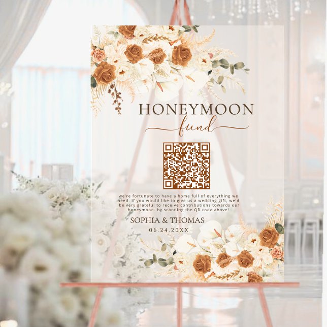 Modern Watercolor Rose QR Code Honeymoon Fund Acrylic Sign (Creator Uploaded)