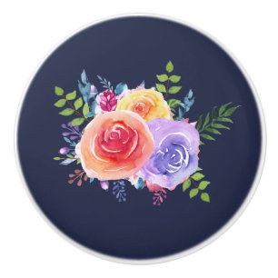 Modern Watercolor Roses Floral Bouquet Ceramic Knob