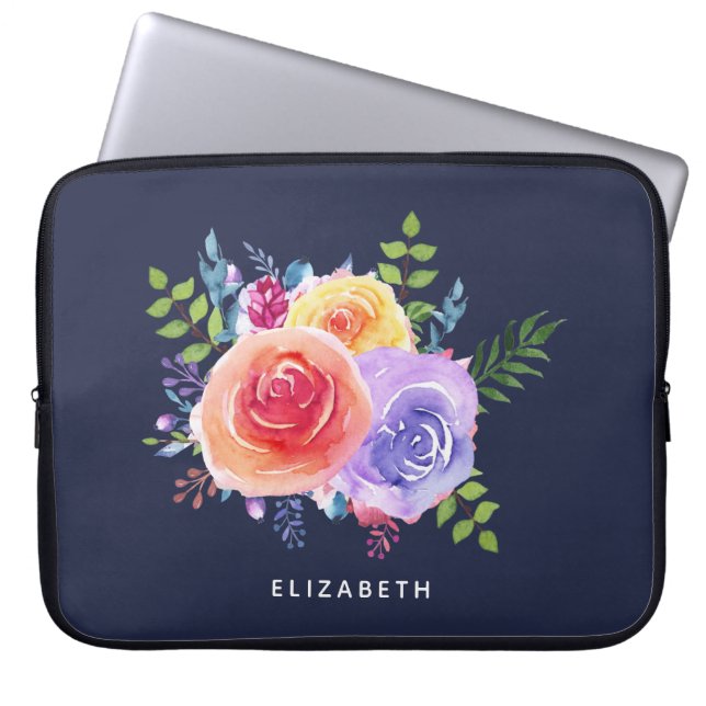 Modern Watercolor Roses Floral Bouquet Laptop Sleeve (Front)