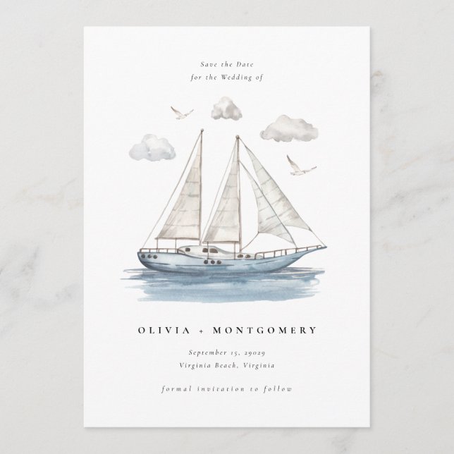 Modern Watercolor Sailing Yacht Save the Date  Invitation (Front)