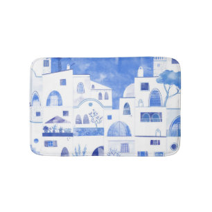 Modern Watercolor Santorini Greek Island Bath Mat