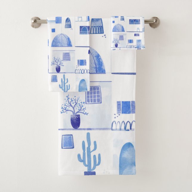 Modern Watercolor Santorini Greek Island Bath Towel Set (Insitu)