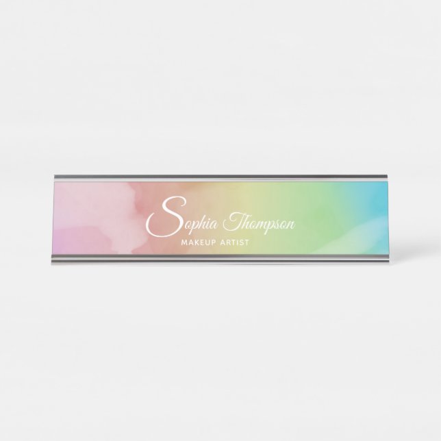 Modern Watercolor Script Rainbow Pastel Name Plate (Front)