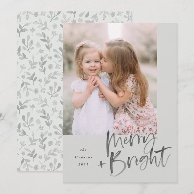 Modern Watercolor Script Sage Green Merry Bright Holiday Card (Front/Back)