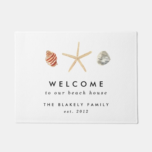 Modern Watercolor Seashells Personalized Doormat (Front)