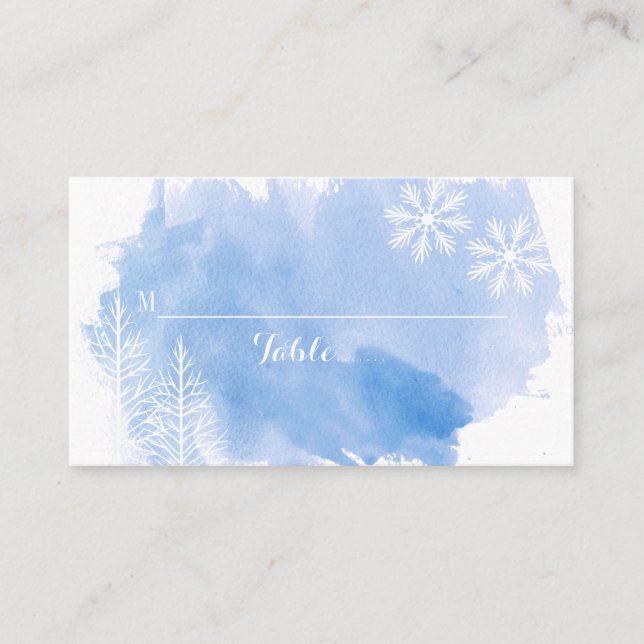 Modern watercolor splash blue wedding place card (Front)