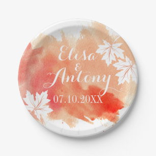 Modern watercolor splash coral peach wedding paper plate