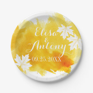 Modern watercolor splash yellow wedding paper plate