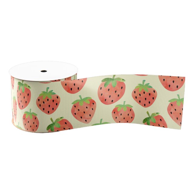 Modern Watercolor Strawberries Pattern Grosgrain Ribbon (Spool)