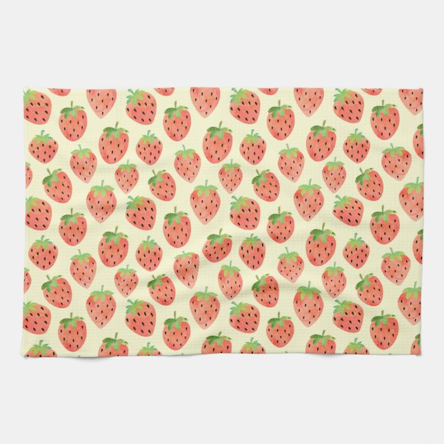 Modern Watercolor Strawberries Pattern Kitchen Towel (Horizontal)