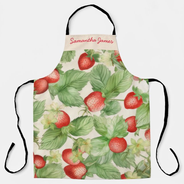 Modern Watercolor Strawberry Pattern Personalized Apron (Front)