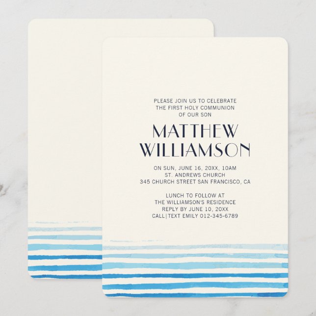 Modern Watercolor Stripes Communion Invitation (Front/Back)