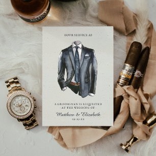 Modern Watercolor Suit Groomsman Proposal Request Card