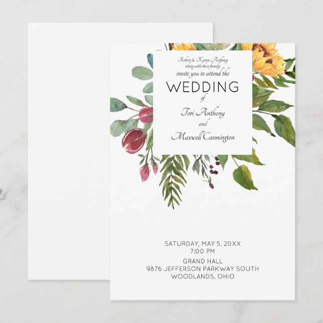 Modern Watercolor Sunflower Parents White Wedding Invitation (Front/Back)