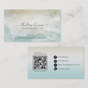 Modern Watercolor Swim Instructor QR Code Business Card