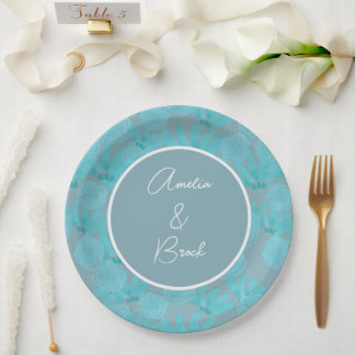 Modern Watercolor Teal Blue Floral Design Wedding  Paper Plate