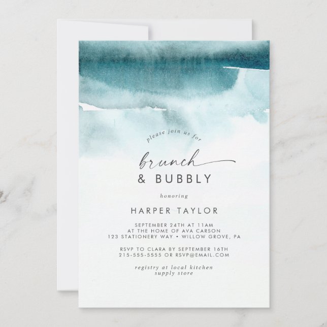 Modern Watercolor | Teal Brunch & Bubbly Bridal Invitation (Front)