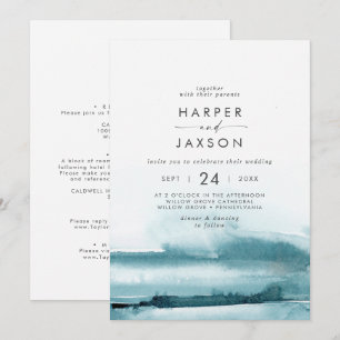 Modern Watercolor Teal Front and Back Wedding Invitation