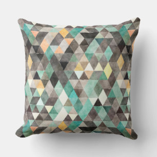 Modern Watercolor Teal Grey Gold Triangle Pattern Throw Pillow