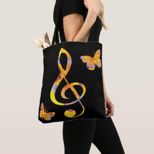 Modern watercolor treble clef and butterflies tote bag