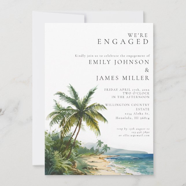 Modern Watercolor Tropical Beach Engagement Party Invitation (Front)