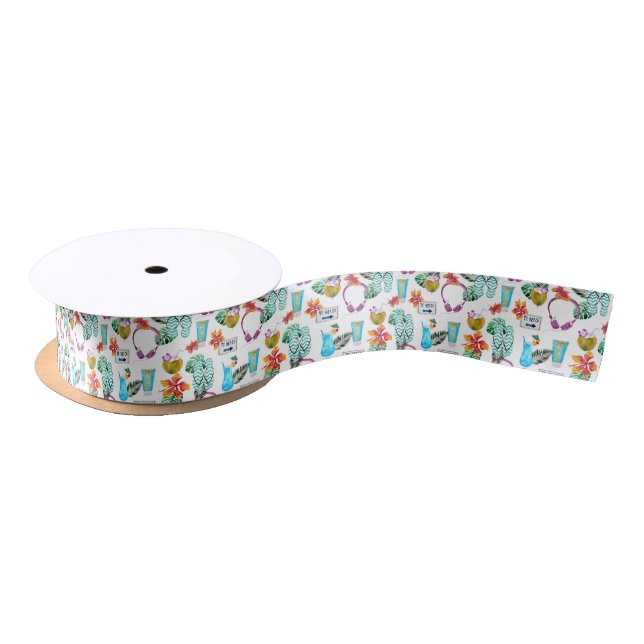 Modern Watercolor Tropical Beach Pattern Satin Ribbon (Spool)
