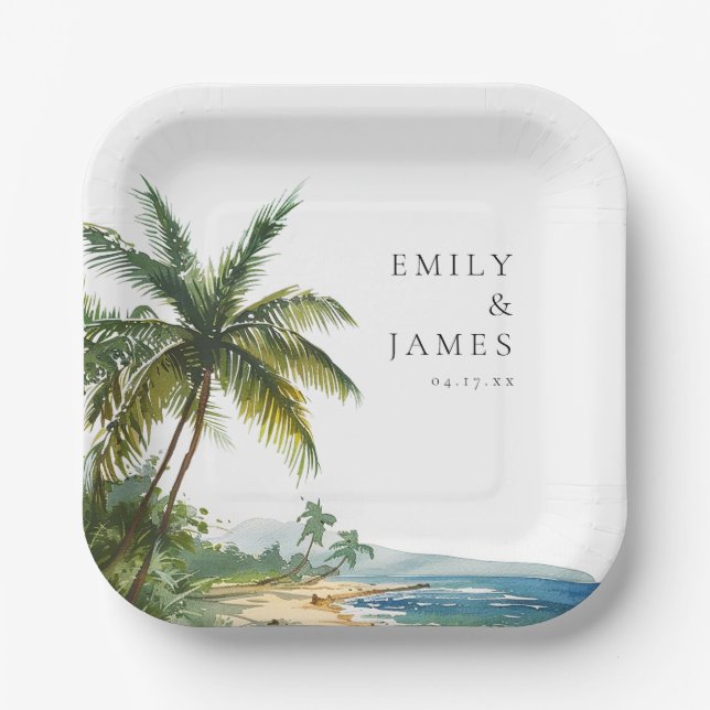 Modern Watercolor Tropical Beach Wedding Paper Plate (Front)