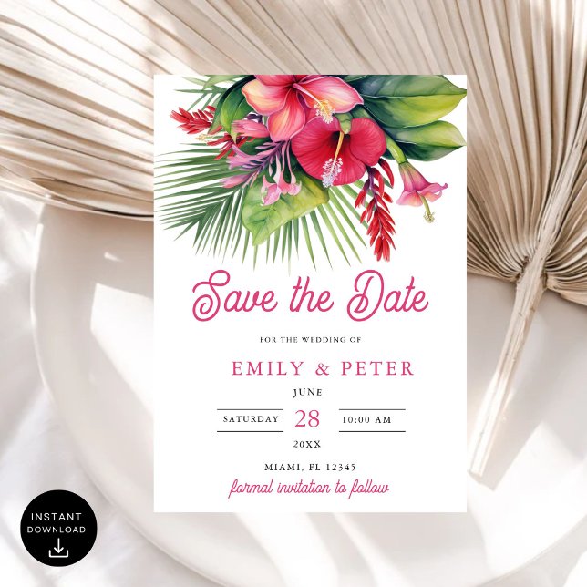 Modern Watercolor Tropical Botanical Save the Date Invitation (Creator Uploaded)