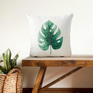 Modern Watercolor Tropical Green Monstera Leaf Throw Pillow