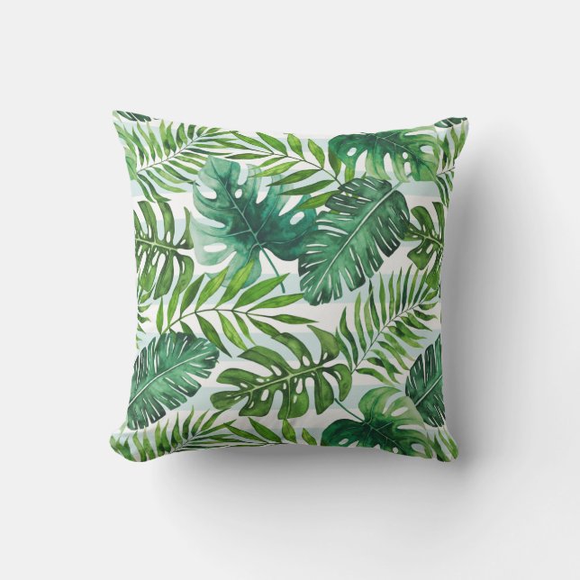 Modern Watercolor Tropical Leaves Green Outdoor Pillow (Front)