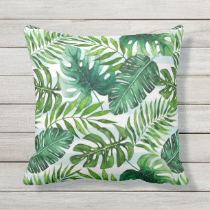 Modern Watercolor Tropical Leaves Green Outdoor Pillow