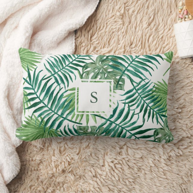 Modern watercolor tropical leaves monogram lumbar pillow (Blanket)