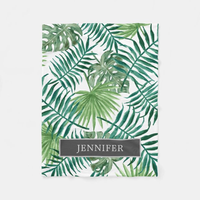 Modern watercolor tropical leaves monogram name fleece blanket (Front)
