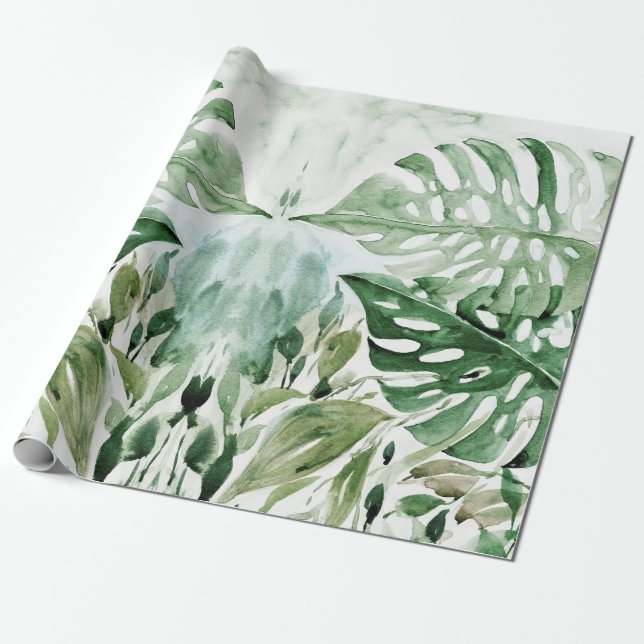 Modern Watercolor Tropical Monstera Leaves Party Wrapping Paper (Unrolled)