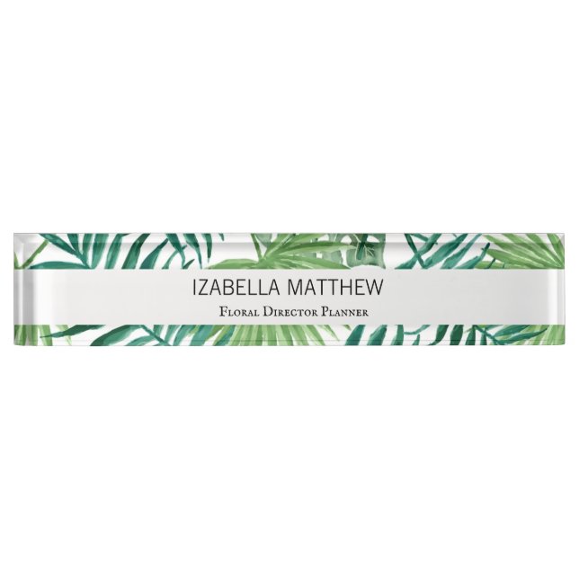 Modern Watercolor Tropical Palm Tree Greenery  Nameplate (Front)