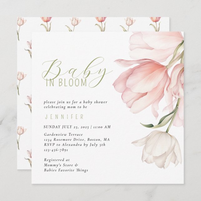 Modern Watercolor Tulip Baby Shower  Invitation (Front/Back)