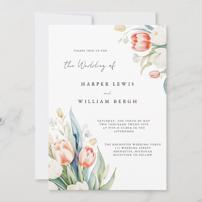 Modern watercolor tulips qr code wedding invitation (Front)
