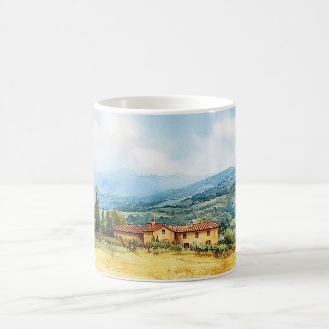 Modern Watercolor Tuscan Mediterranean Countryside Coffee Mug (Center)