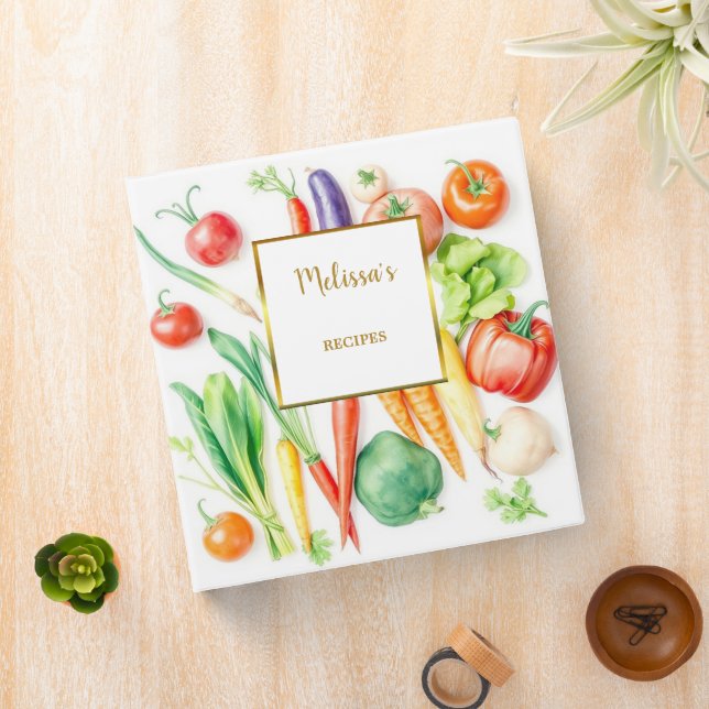 Modern watercolor vegetables white gold recipes binder (In Situ)