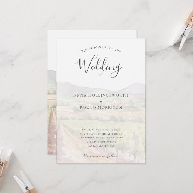 Modern Watercolor Vineyard Winery Wedding  Invitation (Front/Back In Situ)