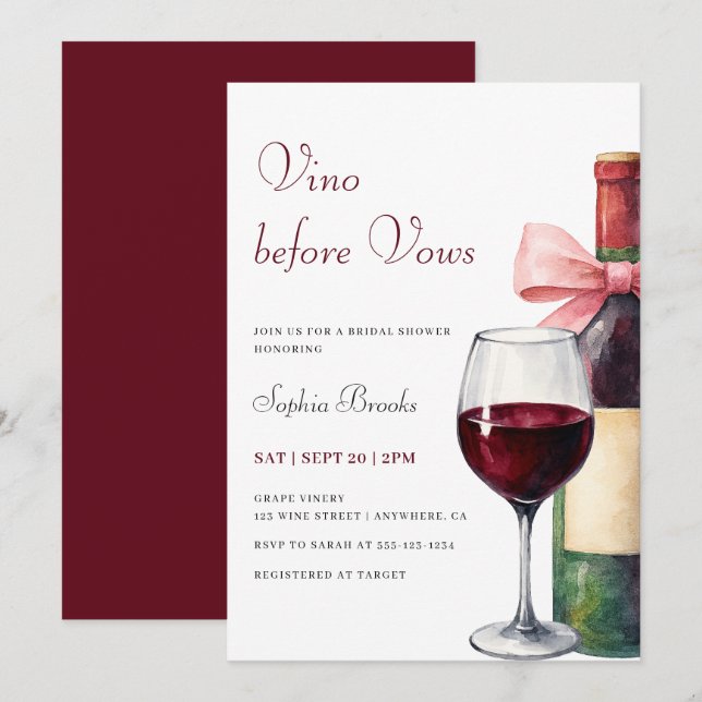 Modern Watercolor Vino Before Vows Bridal Shower Invitation (Front/Back)