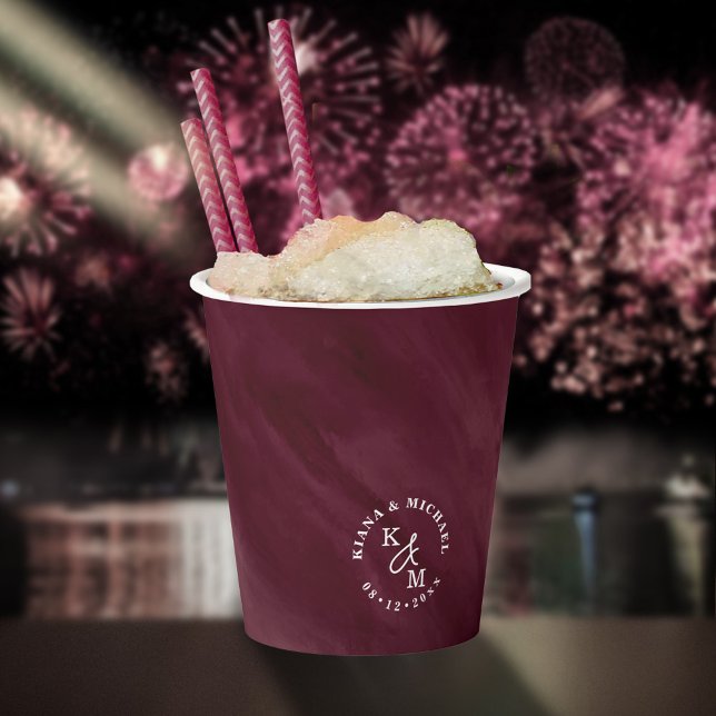 Modern Watercolor Wedding Burgundy ID816 Paper Cups (Creator Uploaded)