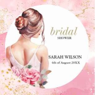  Modern Watercolor Wedding Gown Bridal Shower  Classic Round Sticker