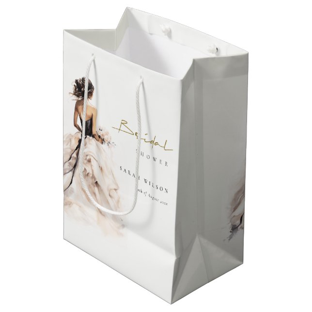 Modern Watercolor Wedding Gown Bridal Shower Medium Gift Bag (Front Angled)