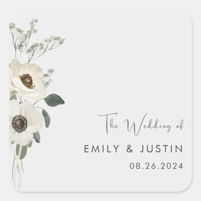 Modern Watercolor White Flowers Wedding  Square Sticker (Front)