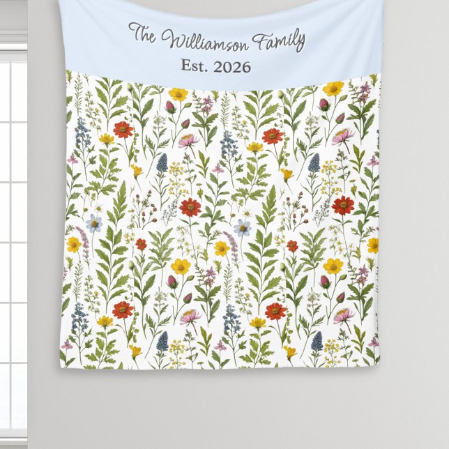 Modern Watercolor Wildflower Pattern Personalized Fleece Blanket (A pretty fleece blanket patterned with colorful wildflowers, with personalized name and year)